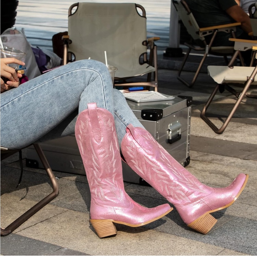 Pink Western Style Wedge Boots